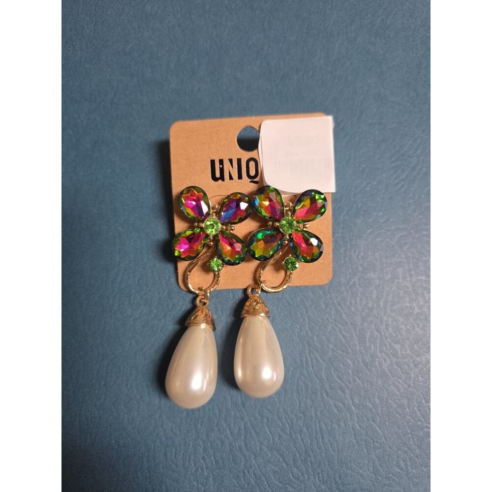 Colorful Rhinestone and Faux Pearl Drop Earrings